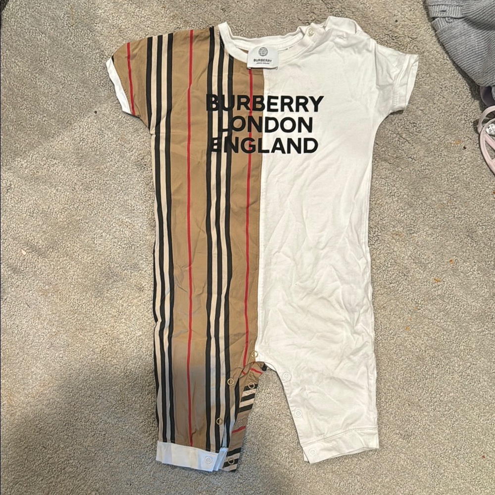 Burberry White and Tan Bodysuit with Iconic Stripes